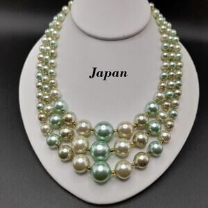 Vintage Japan Art Glass Necklace, Green Cream Gold Beads, 1950s Jewelry